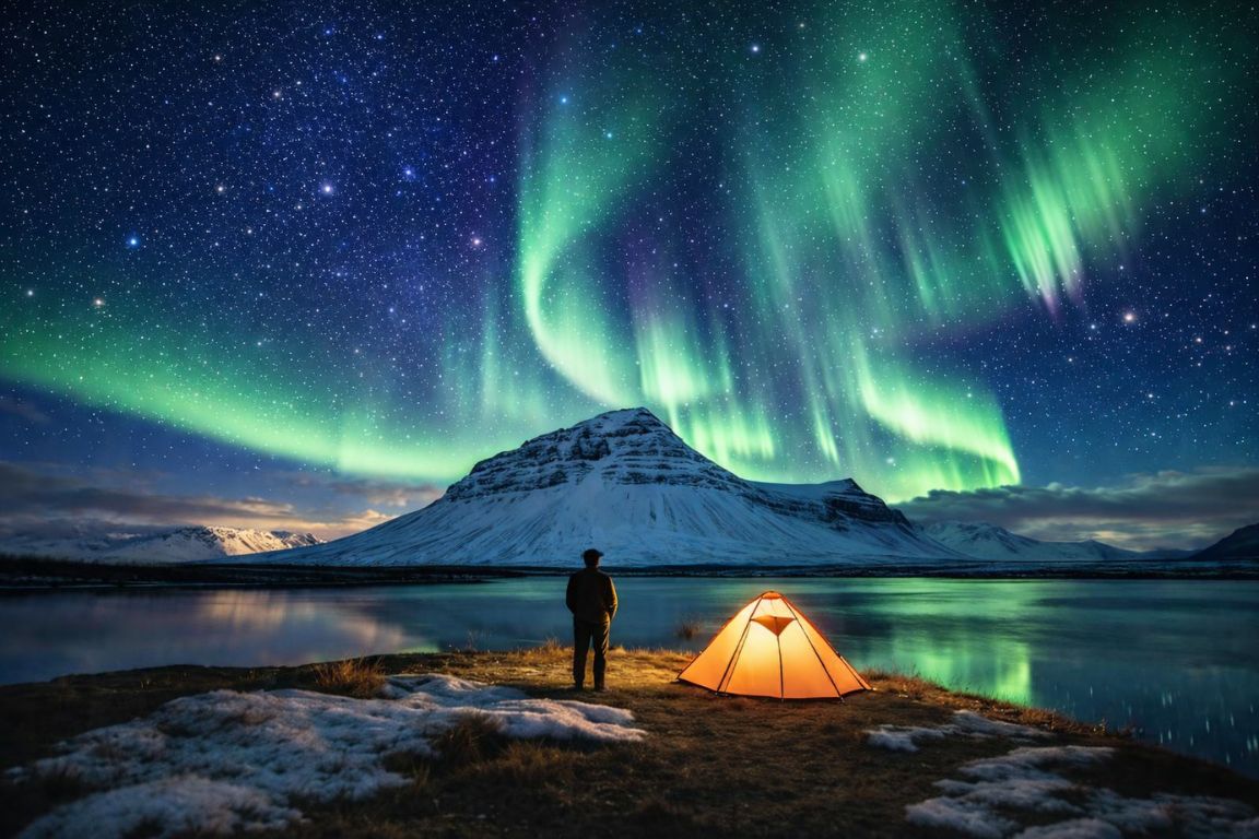 Northern Lights over a mountain lake in Tromsø photographed during a Tromso Norway Tours aurora experience, showing a traveler standing beside a glowing tent under green aurora