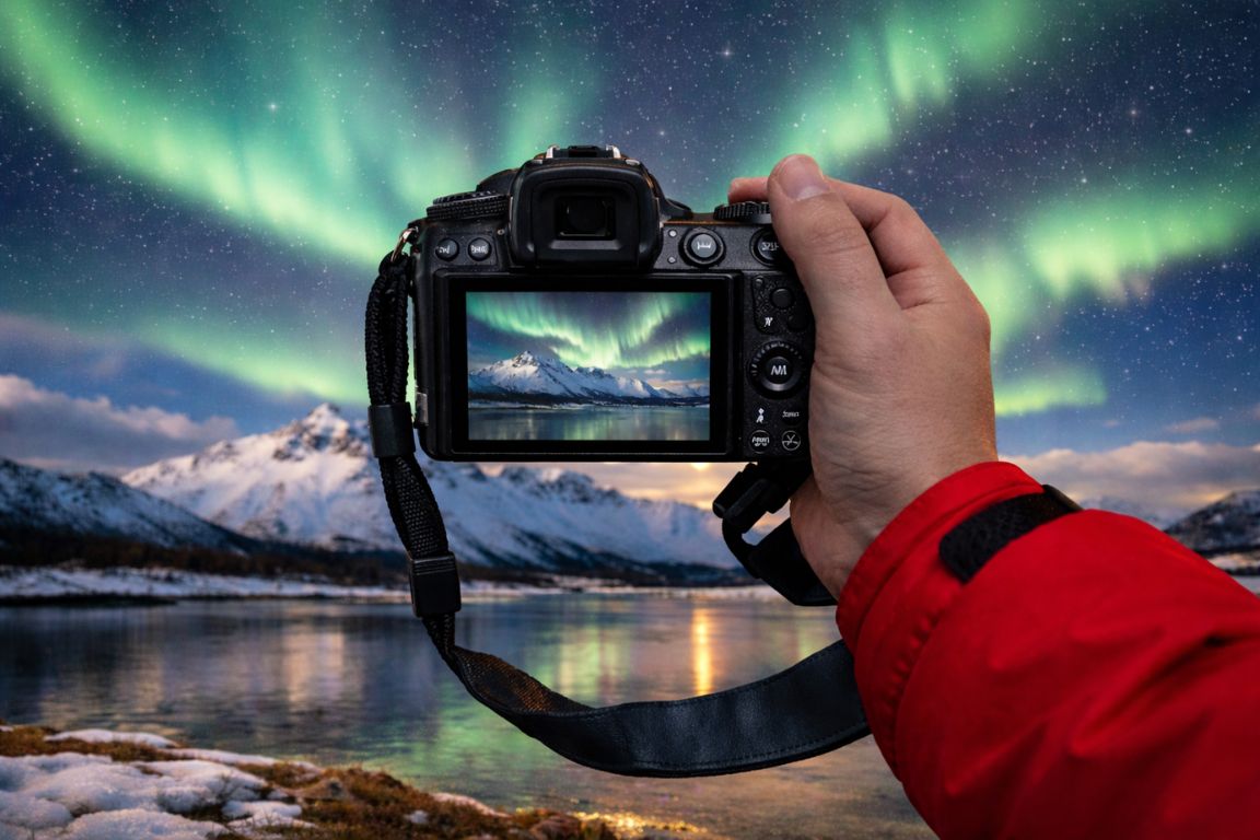Northern Lights photography in Tromsø taken during a Tromso Norway Tours guided aurora experience, with a camera capturing vivid green aurora above Arctic mountains and water