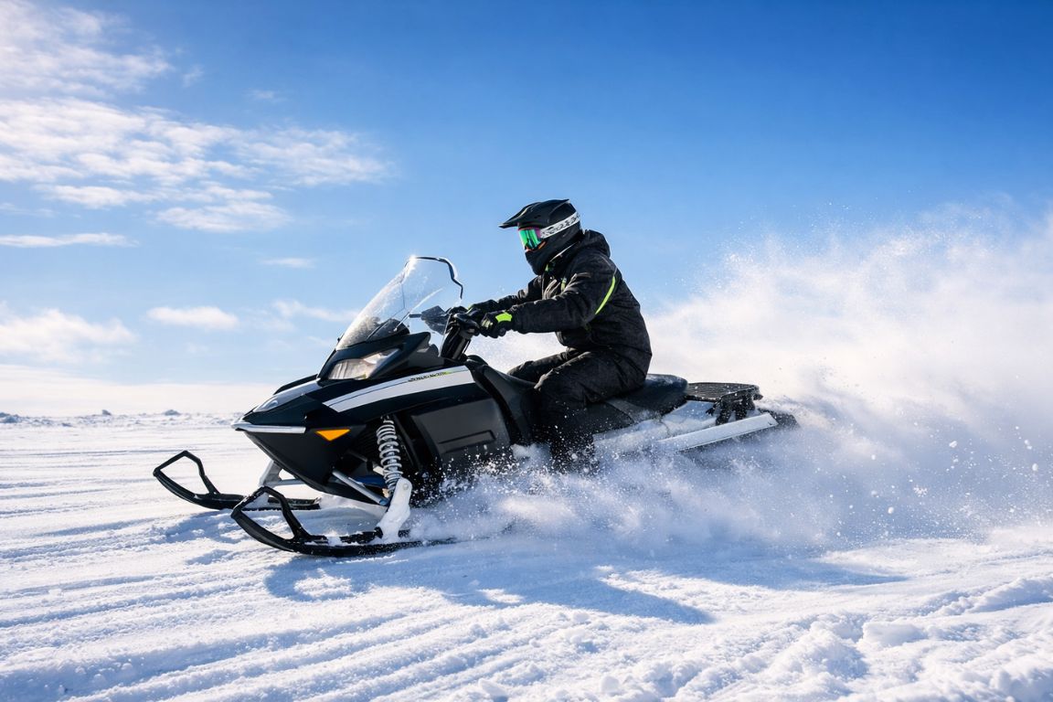 Snowmobile ride in Tromsø captured on a Tromso Norway Tours Arctic safari, featuring fresh powder snow, pine trees, and a powerful snowmobile in motion