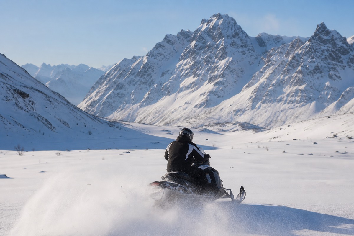 Snowmobiles crossing a snowy valley in the Lyngen Alps